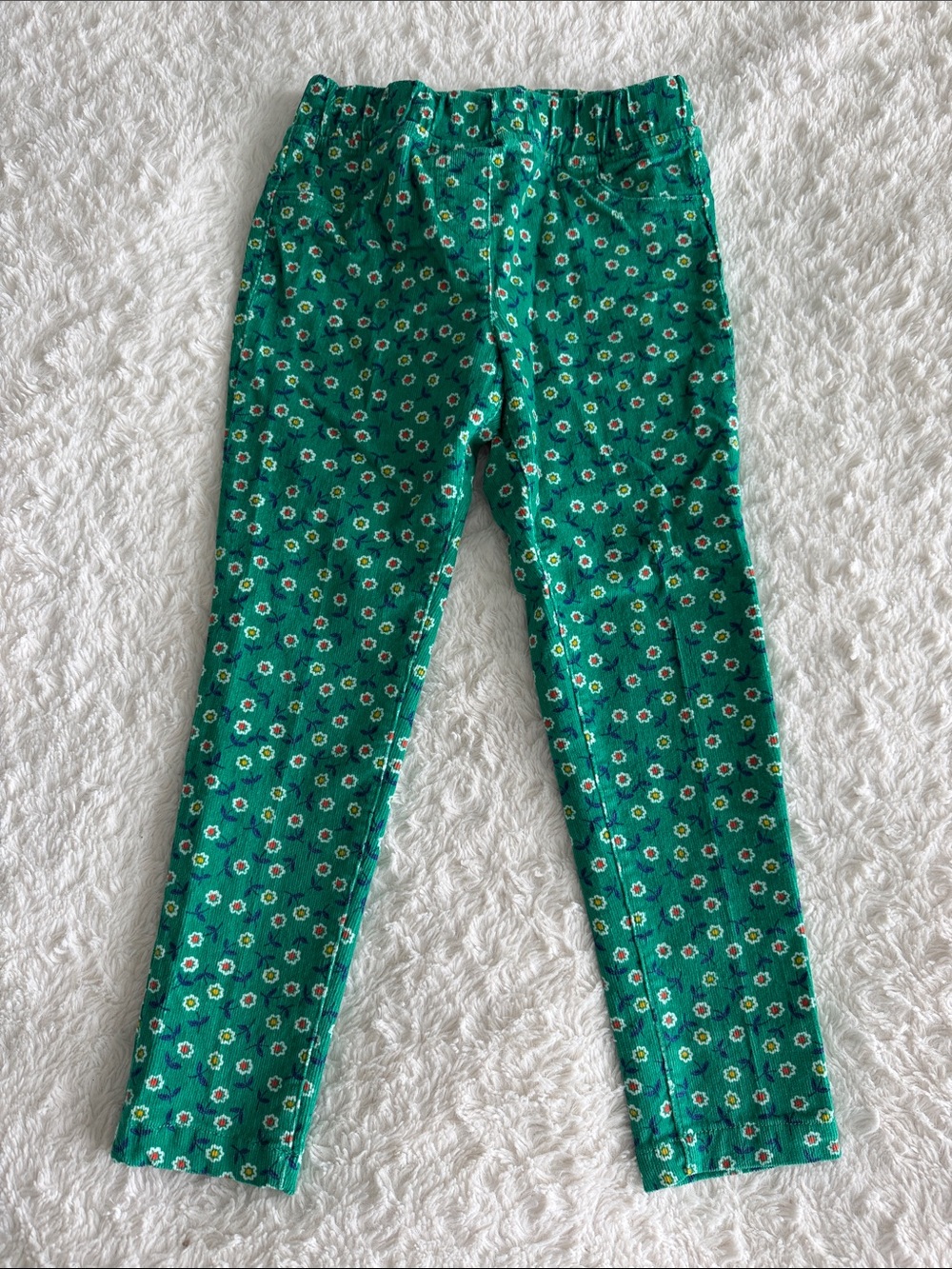 Mini Boden girls size 5 green floral print corduroy pull on pants elastic waist